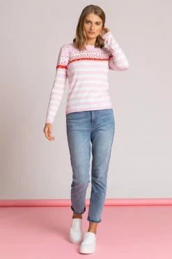 Roman Pink Ditsy Floral Embroidered Stripe Print Jumper -Roman Sales Shop unnamed file 9121