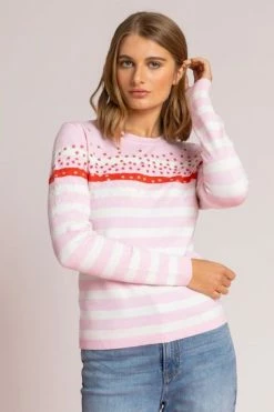 Roman Pink Ditsy Floral Embroidered Stripe Print Jumper -Roman Sales Shop unnamed file 9123