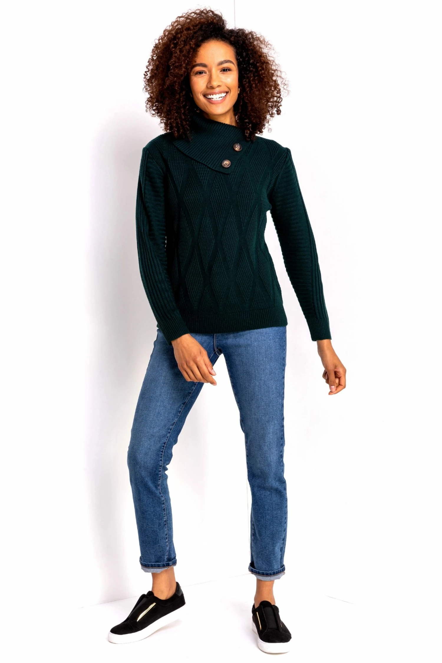 Roman Green Textured Cowl Neck Button Detail Jumper 5 Roman Green Textured Cowl Neck Button Detail Jumper - Image 3