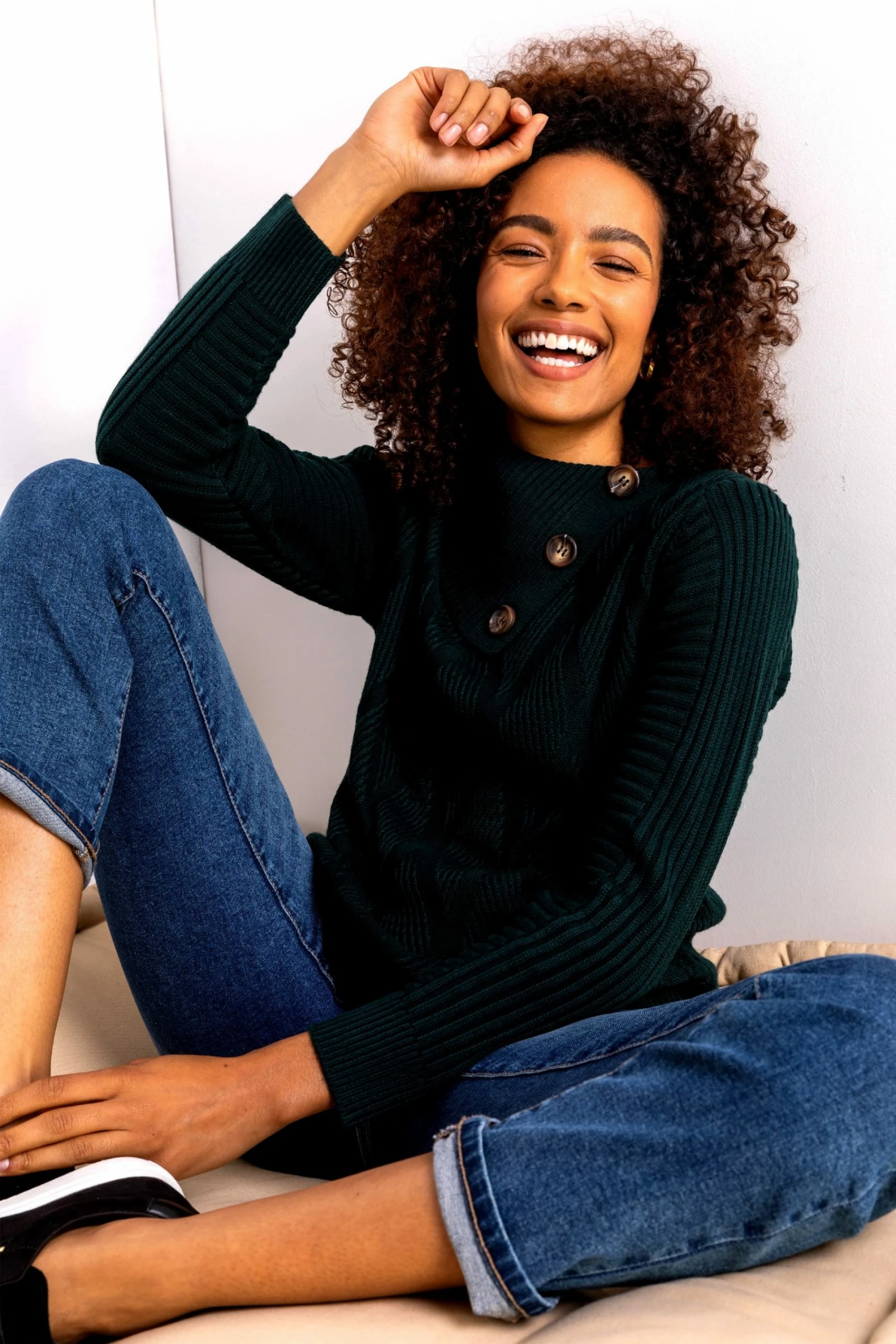 Roman Green Textured Cowl Neck Button Detail Jumper 6 Roman Green Textured Cowl Neck Button Detail Jumper - Image 4