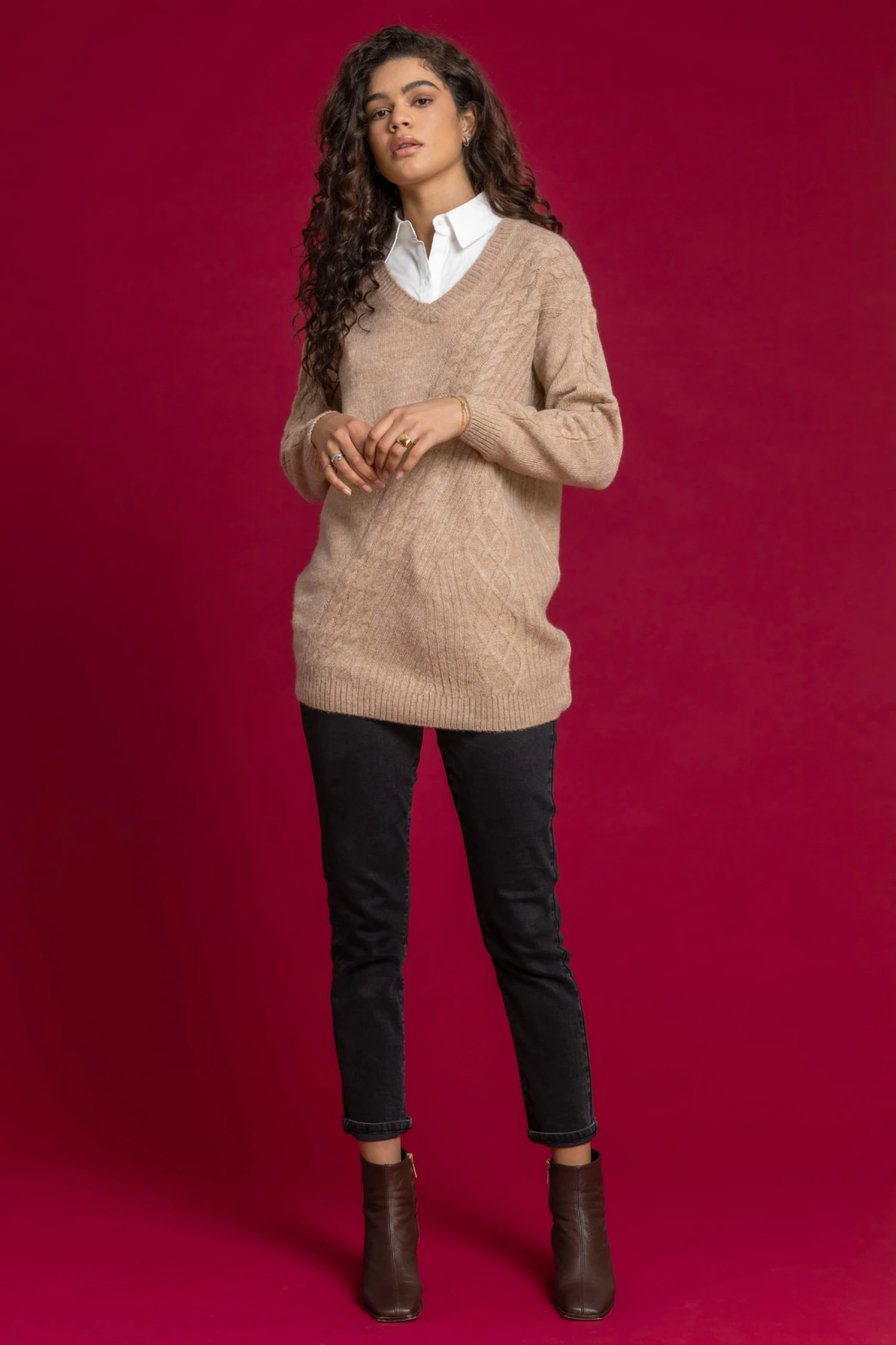 Roman Brown Shirt Collared Cable Knit Jumper 4 Roman Brown Shirt Collared Cable Knit Jumper - Image 2