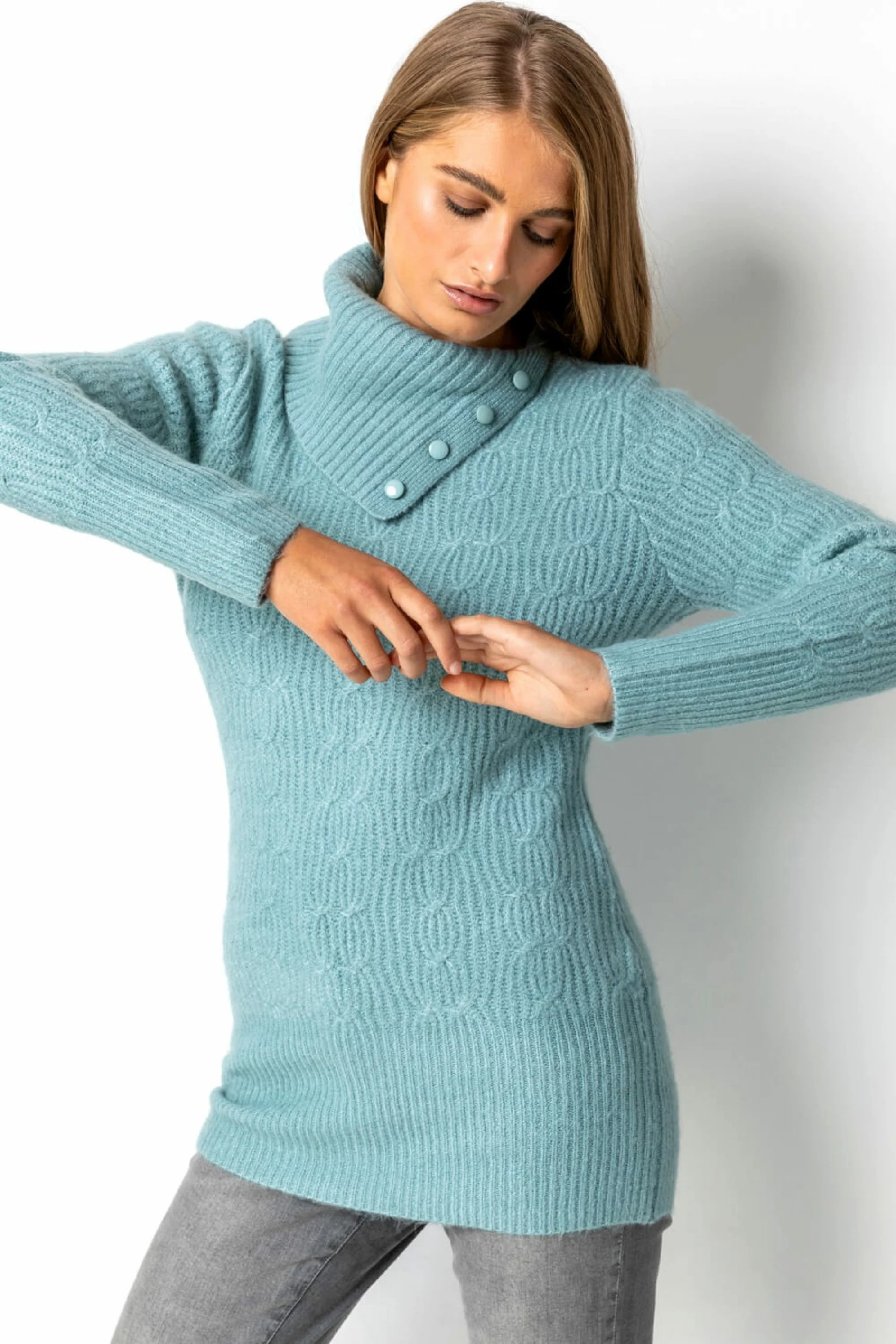 Roman Blue Cable Knit High Neck Jumper 6 Roman Blue Cable Knit High Neck Jumper - Image 4