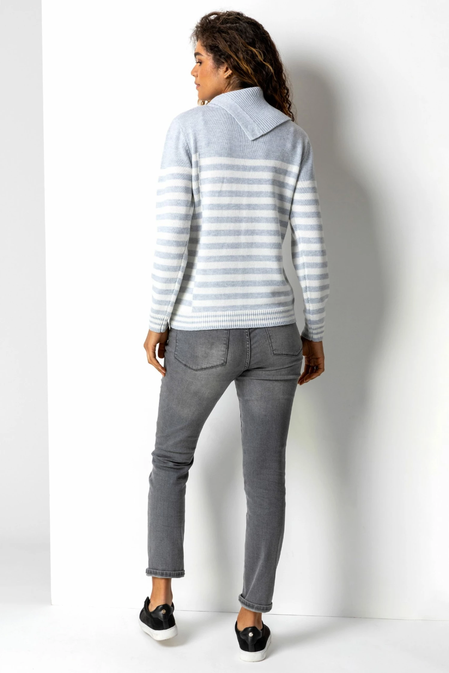 Roman Grey Stripe Cowl Neck Button Jumper 4 Roman Grey Stripe Cowl Neck Button Jumper - Image 2