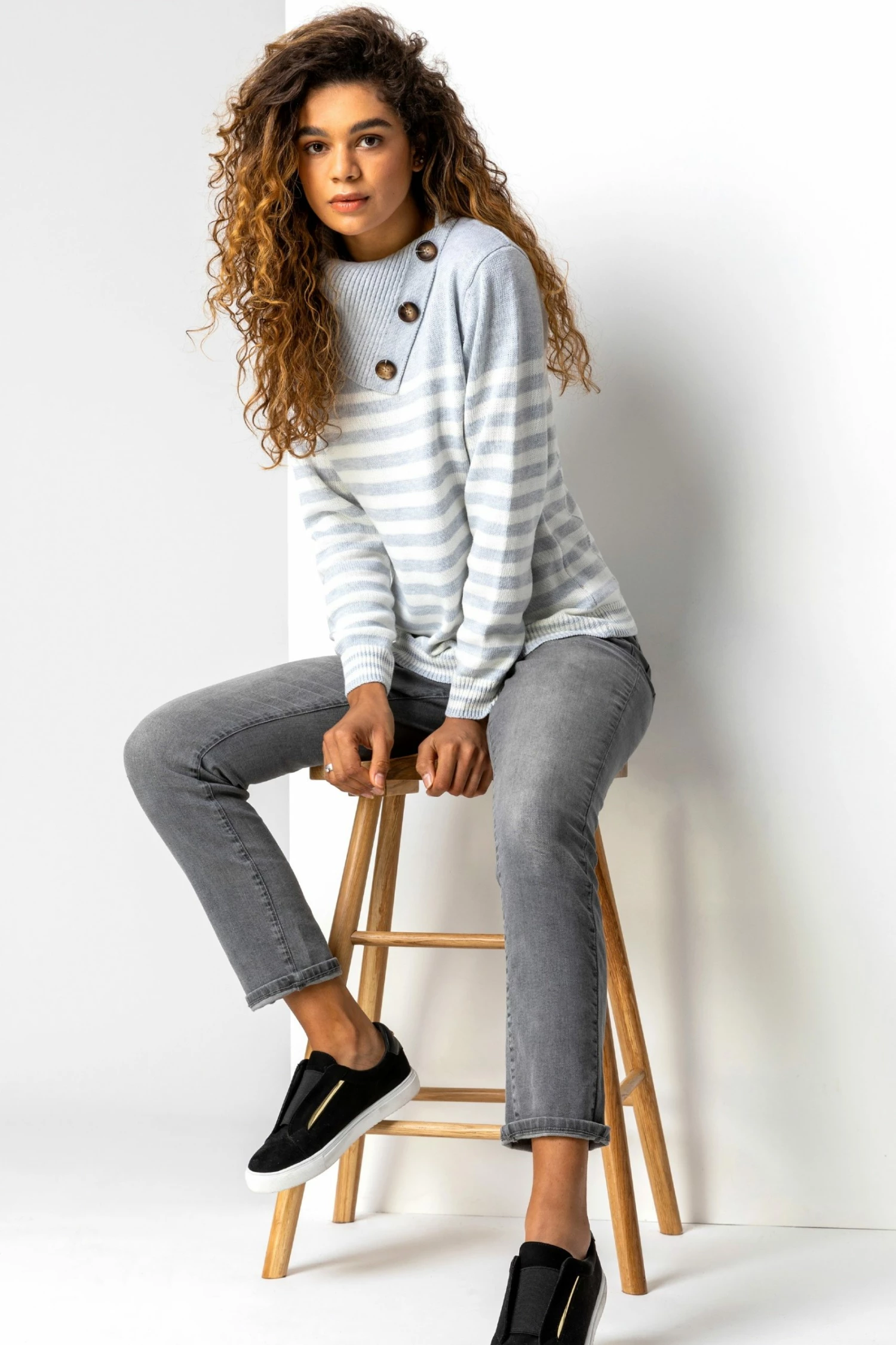 Roman Grey Stripe Cowl Neck Button Jumper 5 Roman Grey Stripe Cowl Neck Button Jumper - Image 3