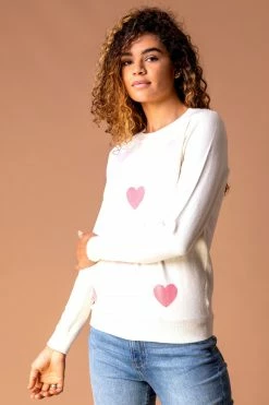 Roman White Heart Print Crew Neck Jumper