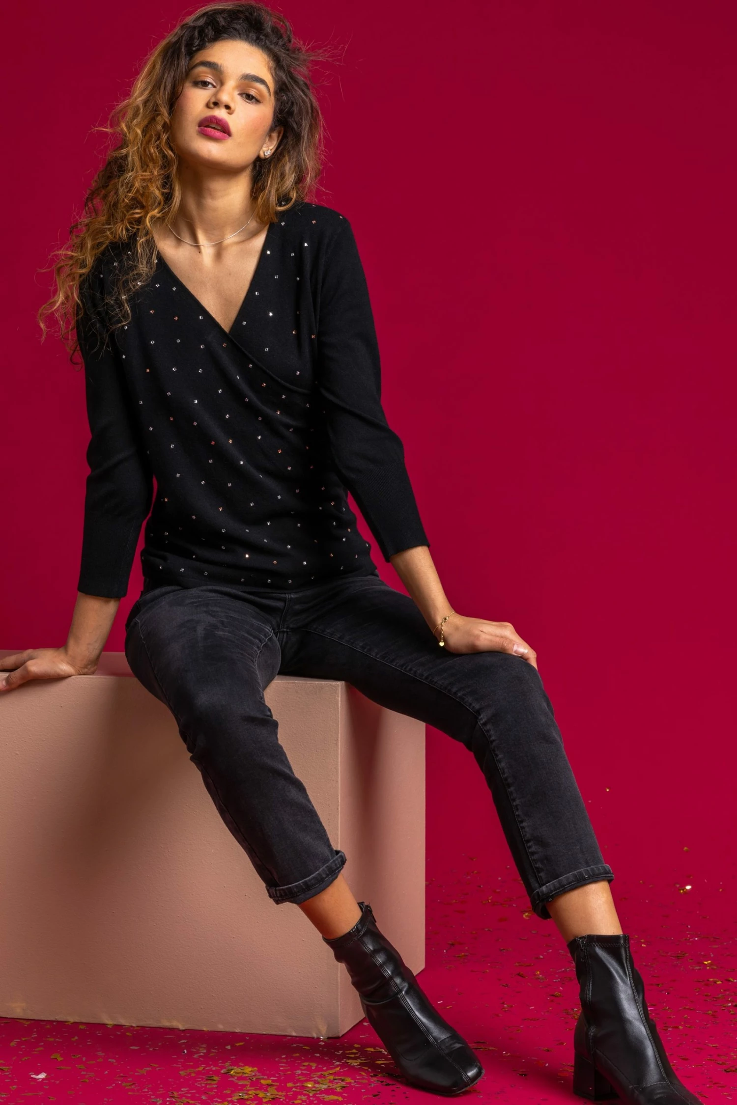 Roman Black Sparkle Embellished Wrap Jumper 5 Roman Black Sparkle Embellished Wrap Jumper - Image 3