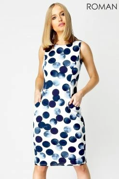 Roman White Spot Print Dress With Pockets