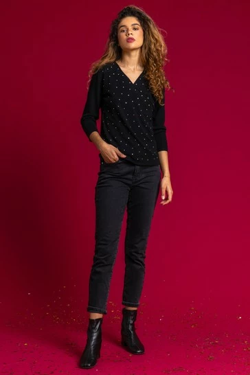 Roman Black Sparkle Embellished Wrap Jumper 8 Roman Black Sparkle Embellished Wrap Jumper - Image 6