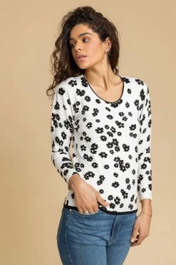 Roman White Floral Print Crew Neck Jumper