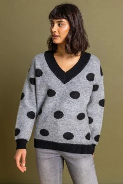 Roman Grey Check Print Roll Neck Jumper