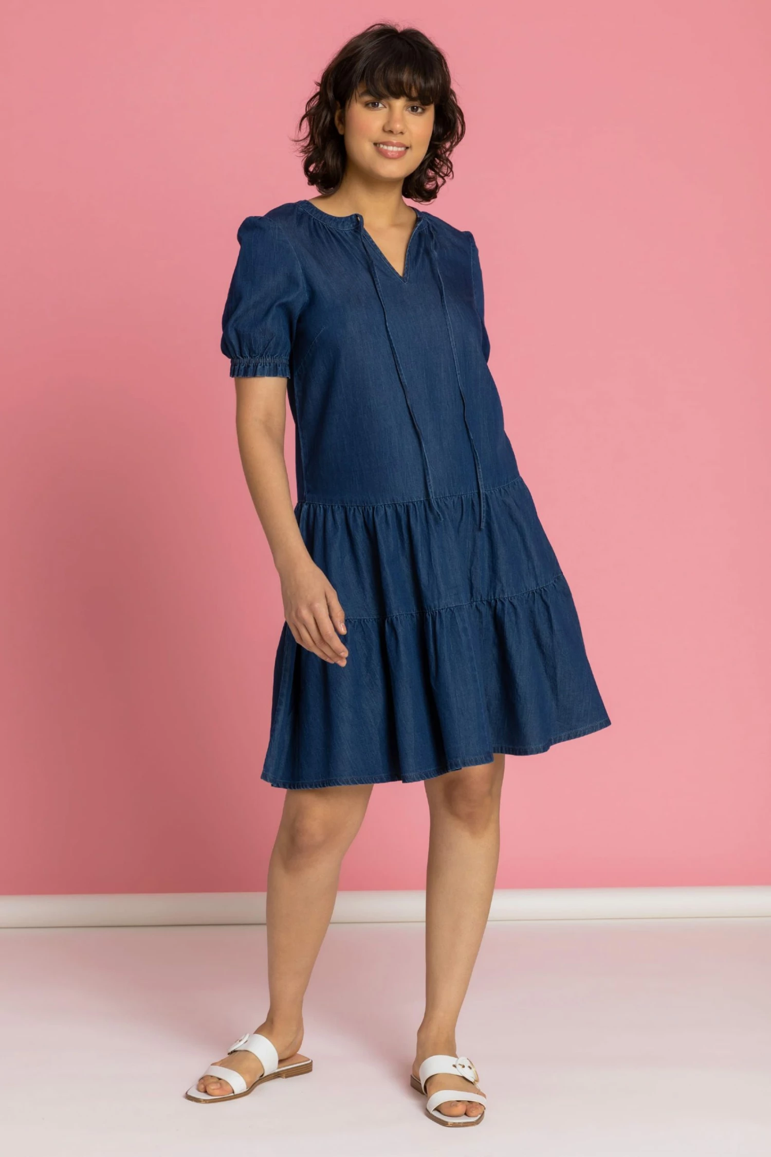 Roman Blue Tiered Denim Puff Sleeve Dress 5 Roman Blue Tiered Denim Puff Sleeve Dress - Image 3