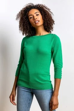 Roman Green Button Detail Slash Neck Jumper