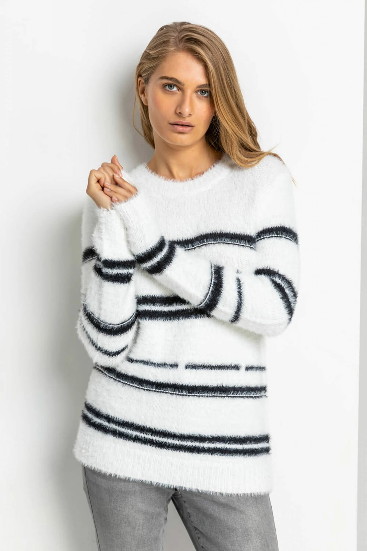 Roman White Fluffy Stripe Print Jumper 5 Roman White Fluffy Stripe Print Jumper - Image 3
