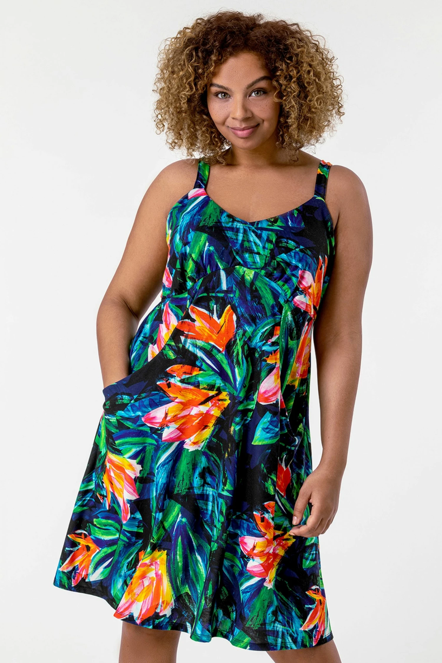 Roman Multi Curve Tropical Print Strappy Dress 5 Roman Multi Curve Tropical Print Strappy Dress - Image 3