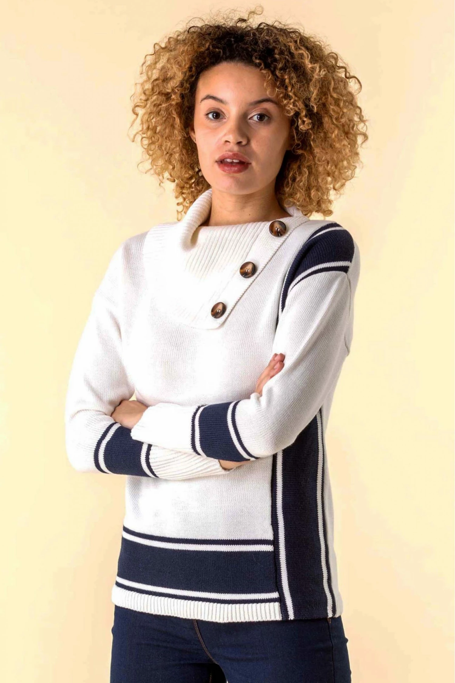 Roman Ivory Textured Knit Button Detail Stripe Jumper 3 Roman Ivory Textured Knit Button Detail Stripe Jumper