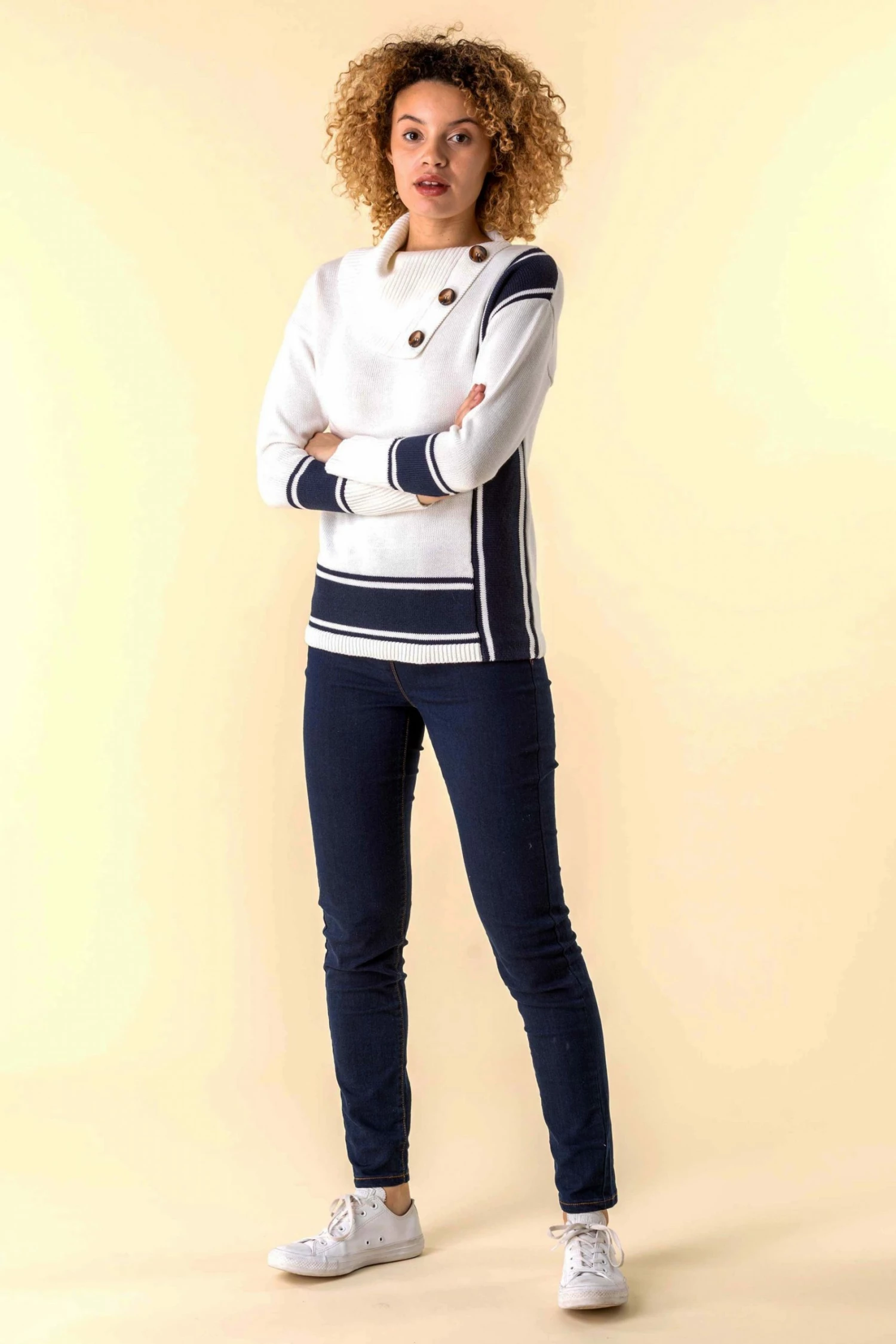 Roman Ivory Textured Knit Button Detail Stripe Jumper 4 Roman Ivory Textured Knit Button Detail Stripe Jumper - Image 2