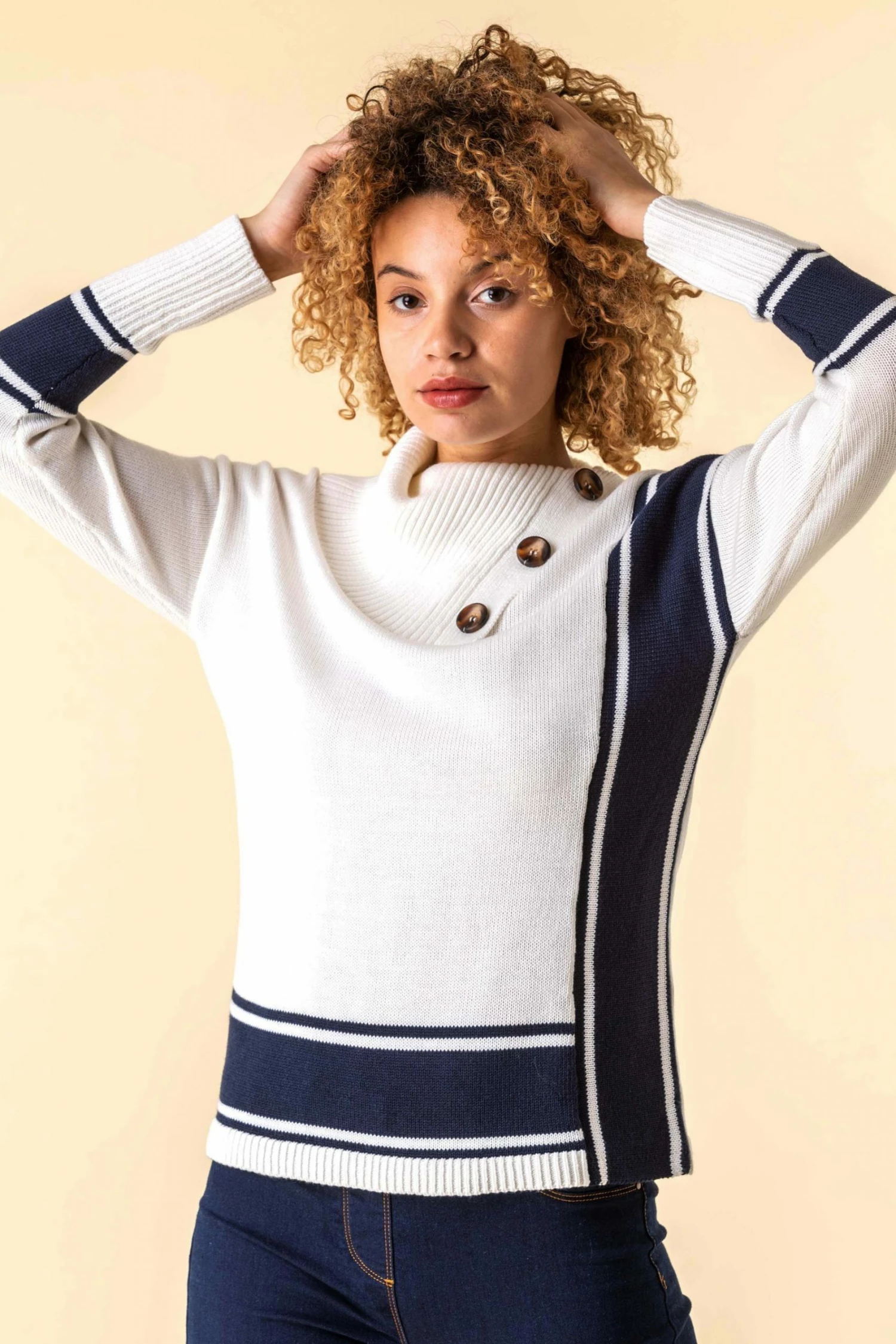 Roman Ivory Textured Knit Button Detail Stripe Jumper 6 Roman Ivory Textured Knit Button Detail Stripe Jumper - Image 4