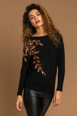 Roman Black Long Sleeve Sequin Leaf Jumper 12 Roman Black Long Sleeve Sequin Leaf Jumper -Roman Sales Shop unnamed file 9406