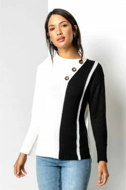 Roman White Colourblock Cowl Neck Button Jumper