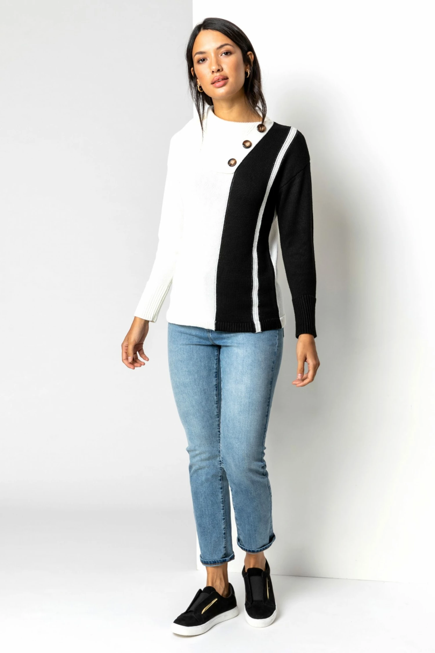 Roman White Colourblock Cowl Neck Button Jumper 4 Roman White Colourblock Cowl Neck Button Jumper - Image 2