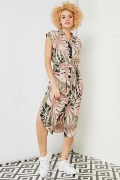 Roman Khaki Palm Leaf Animal Print Shirt Dress -Roman Sales Shop unnamed file 947