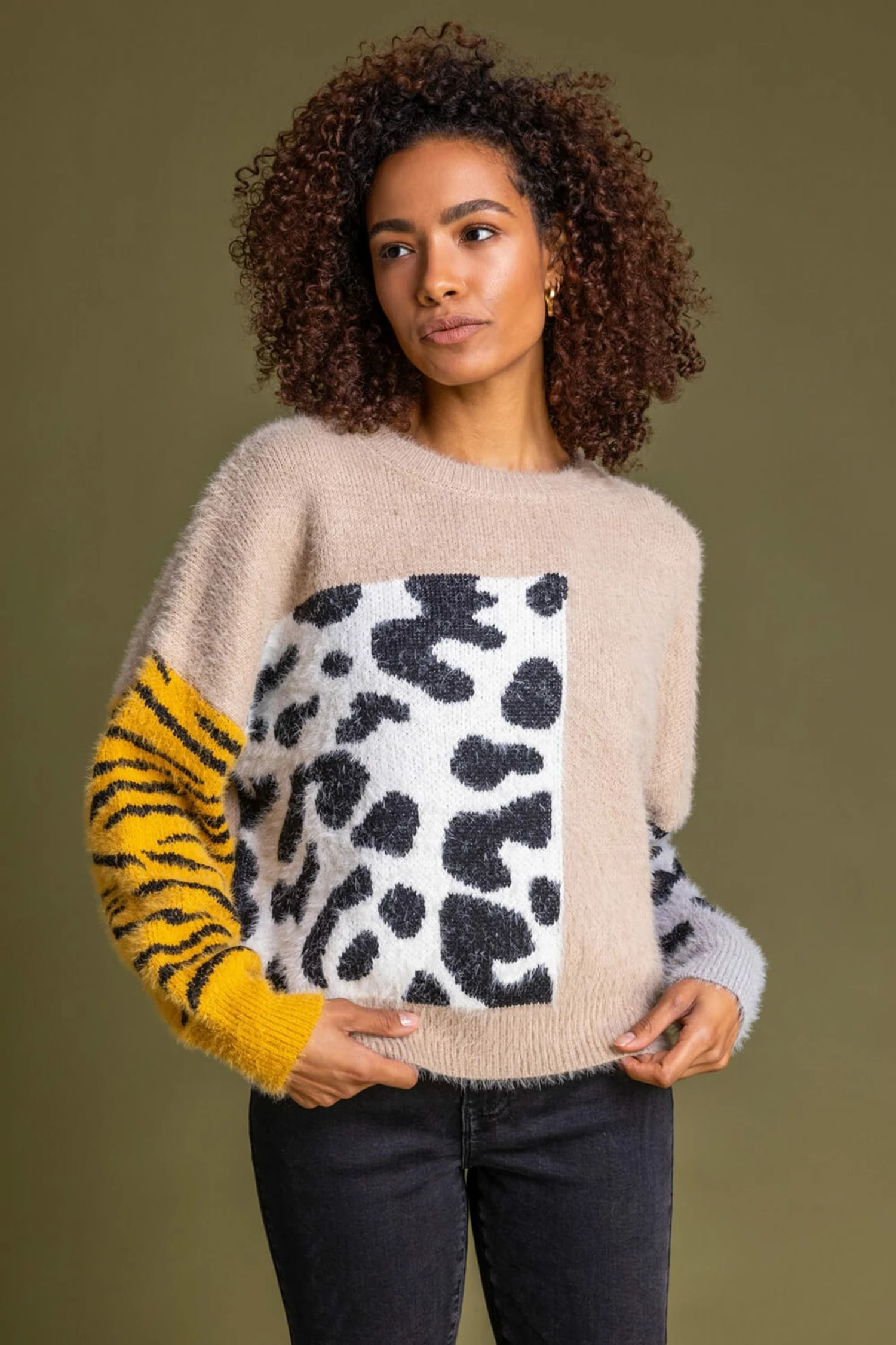 Roman Cream Colour Block Animal Print Jumper 3 Roman Cream Colour Block Animal Print Jumper