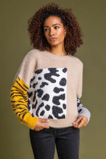 Roman Cream Colour Block Animal Print Jumper 7 Roman Cream Colour Block Animal Print Jumper - Image 5