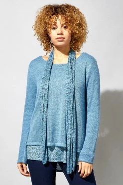 Roman Blue Overlay Knit Top And Floral Scarf