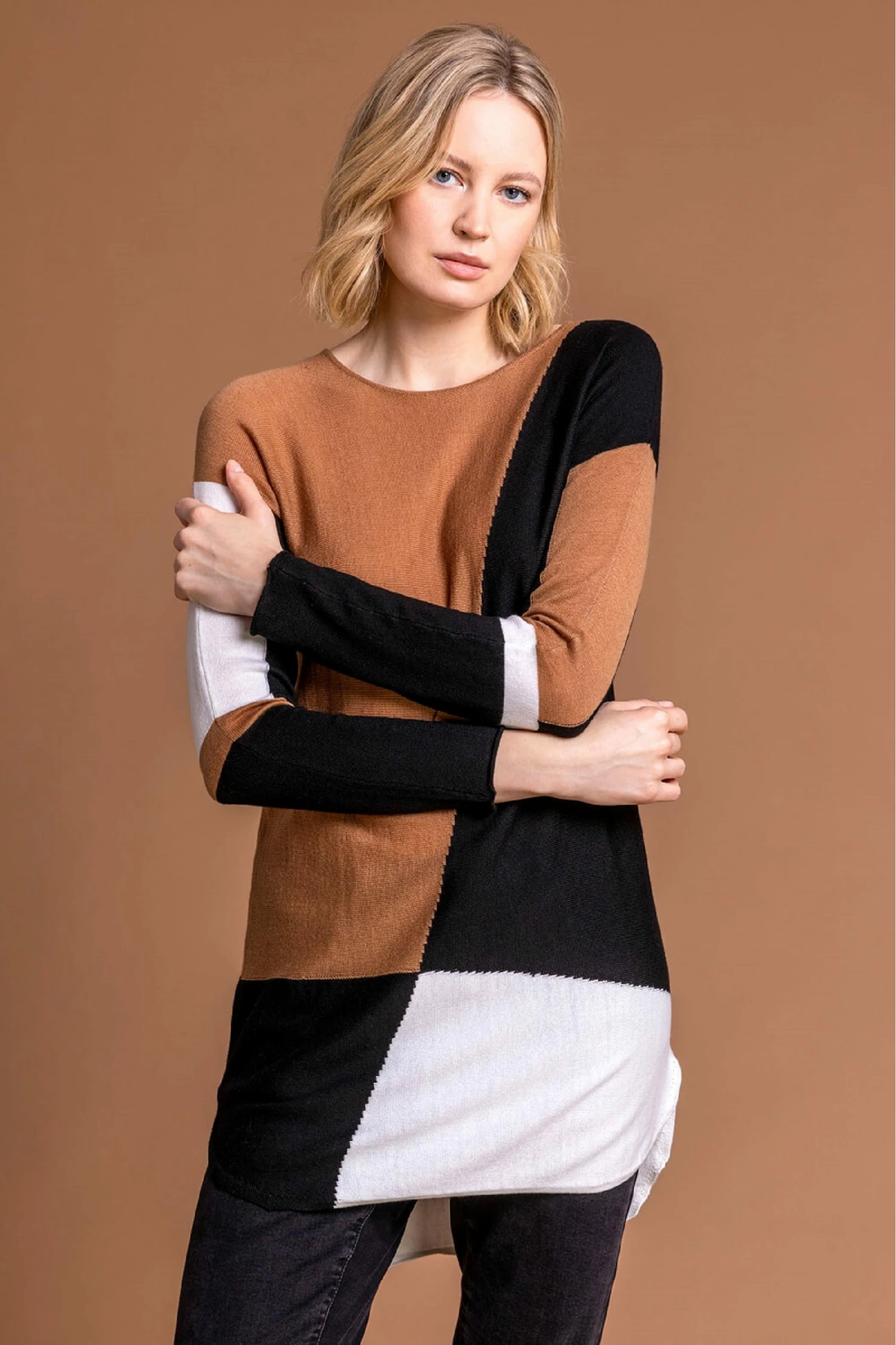Roman Brown Colour Block Crew Neck Jumper 3 Roman Brown Colour Block Crew Neck Jumper