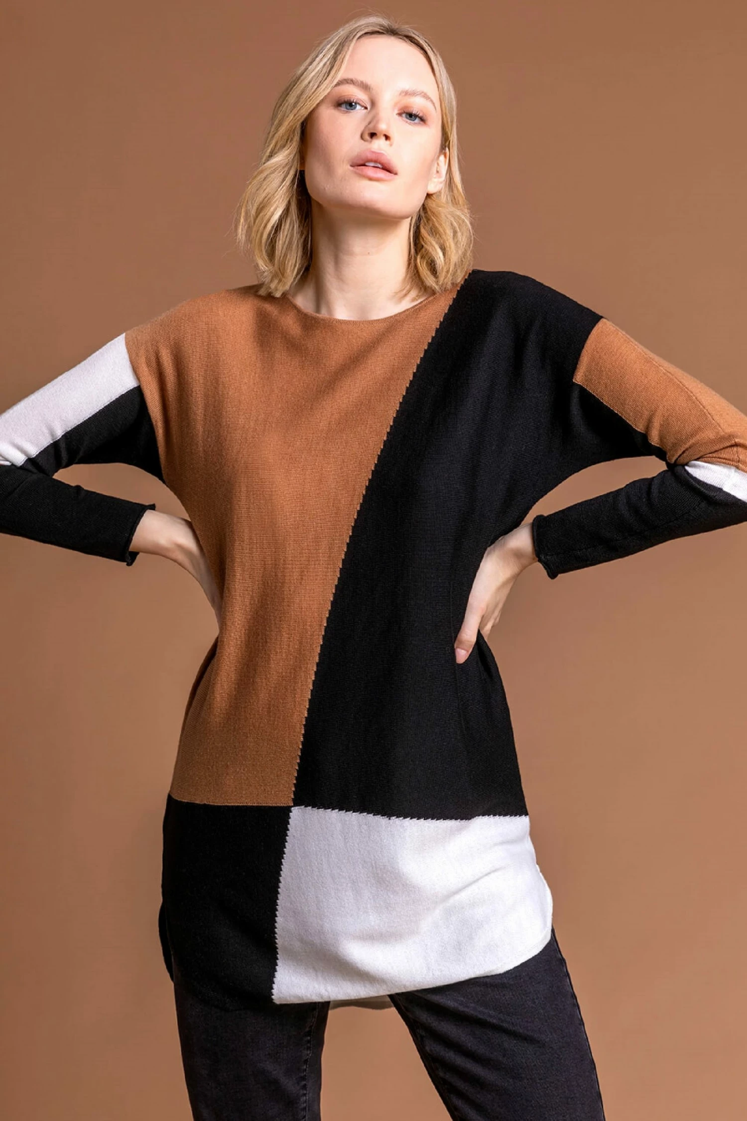 Roman Brown Colour Block Crew Neck Jumper 5 Roman Brown Colour Block Crew Neck Jumper - Image 3
