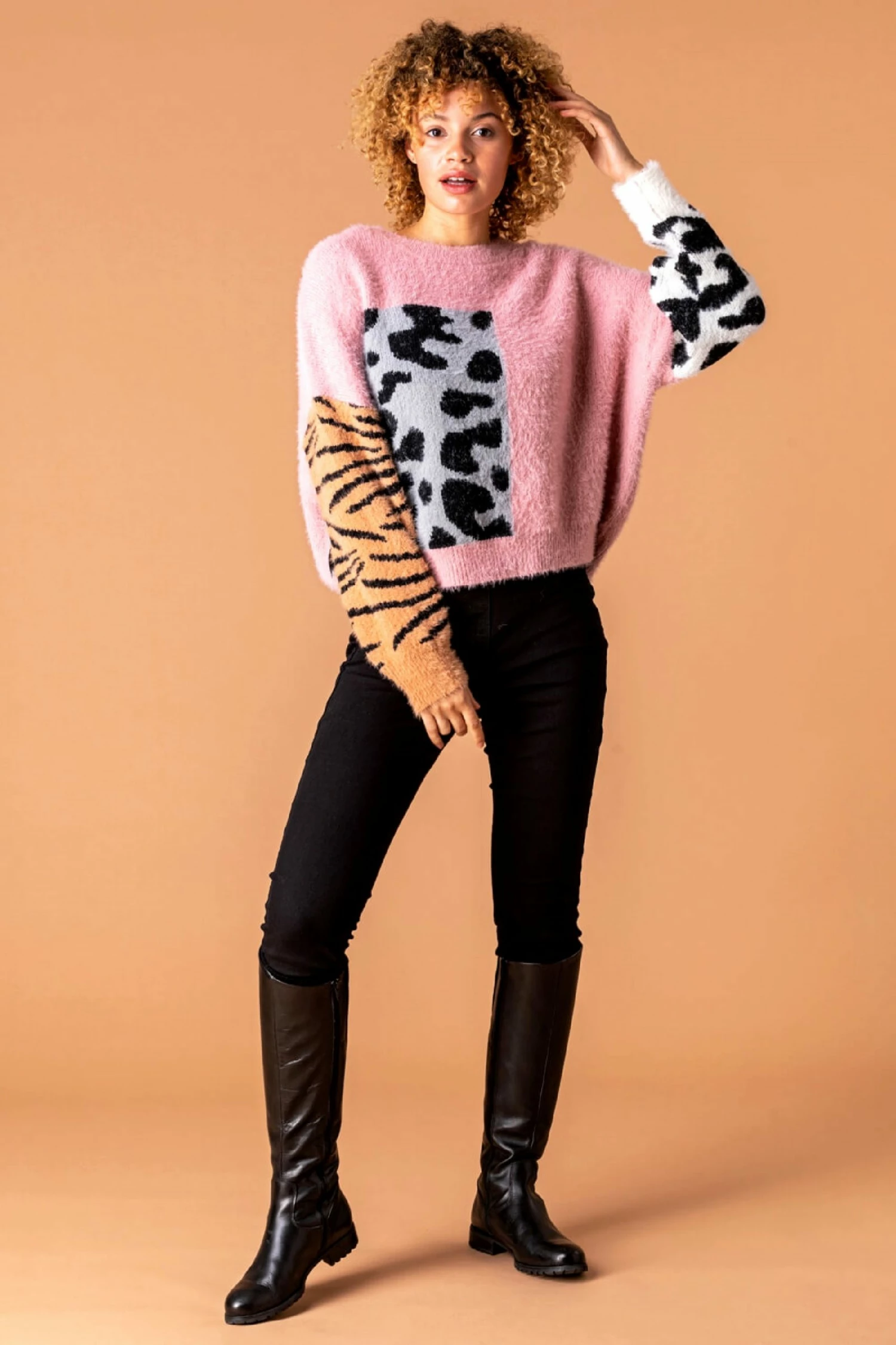Roman Pink Colour Block Animal Print Jumper 5 Roman Pink Colour Block Animal Print Jumper - Image 3