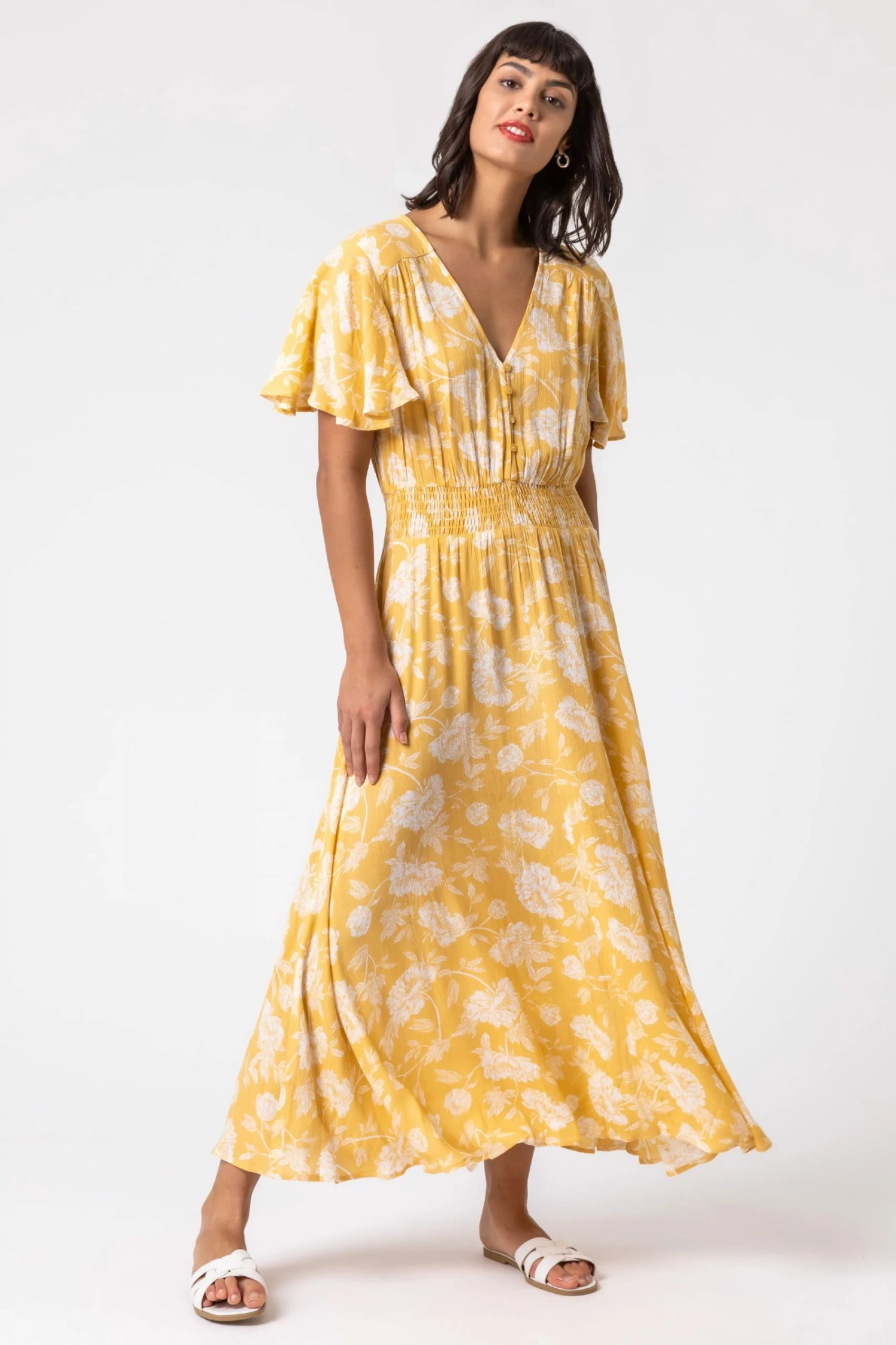 Roman Yellow Floral Print Tiered Midi Dress 5 Roman Yellow Floral Print Tiered Midi Dress - Image 3