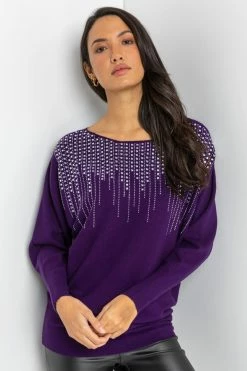 Roman Purple Hotfix Neck Embellished Jumper