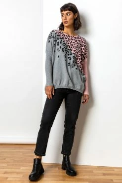 Roman Grey Colour Block Animal Print Jumper