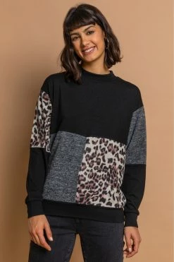 Roman Black High Neck Animal Print Contrast Top
