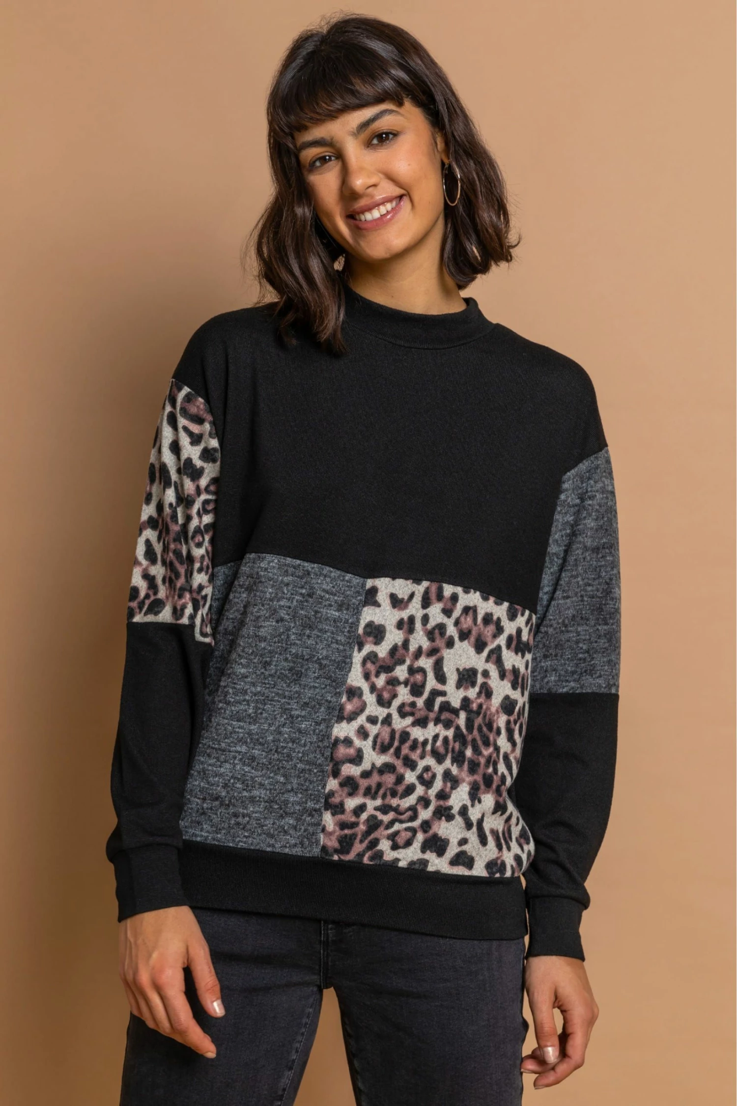 Roman Black High Neck Animal Print Contrast Top 3 Roman Black High Neck Animal Print Contrast Top