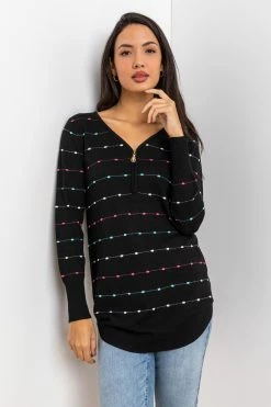 Roman Black Bobble Knit Zip Detail Jumper