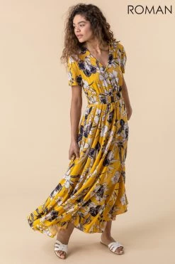 Roman Yellow Floral Print Shirred Waist Maxi Dress