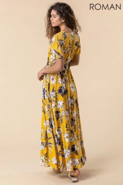 Roman Yellow Floral Print Shirred Waist Maxi Dress 8 Roman Yellow Floral Print Shirred Waist Maxi Dress -Roman Sales Shop unnamed file 969