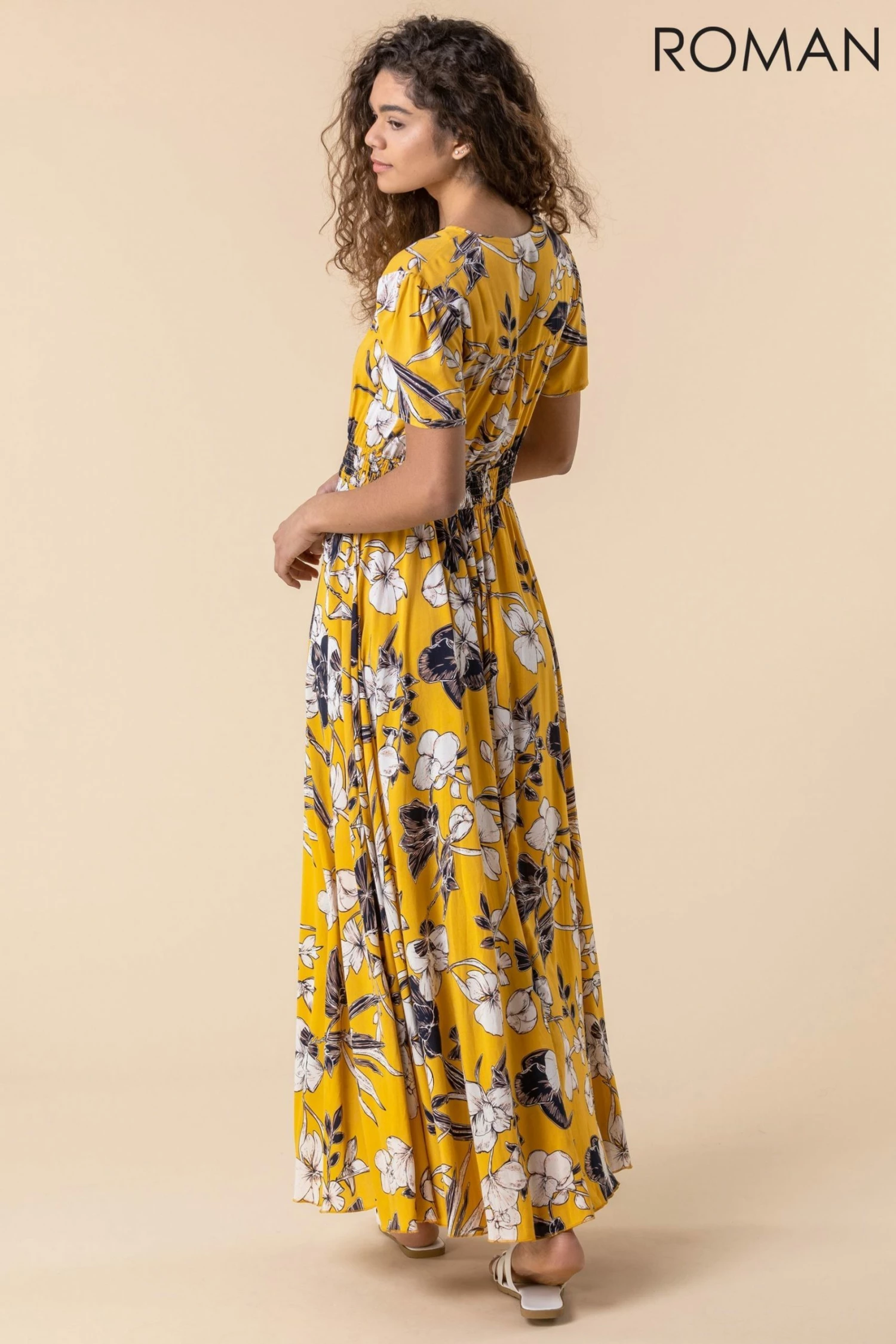 Roman Yellow Floral Print Shirred Waist Maxi Dress 4 Roman Yellow Floral Print Shirred Waist Maxi Dress - Image 2