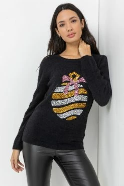 Roman Black Sequin Bauble Christmas Jumper