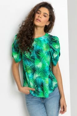 Roman Green Tropical Print Puff Sleeve Top