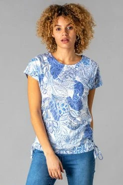 Roman Blue Burnout Tropical Print Ruched T-Shirt