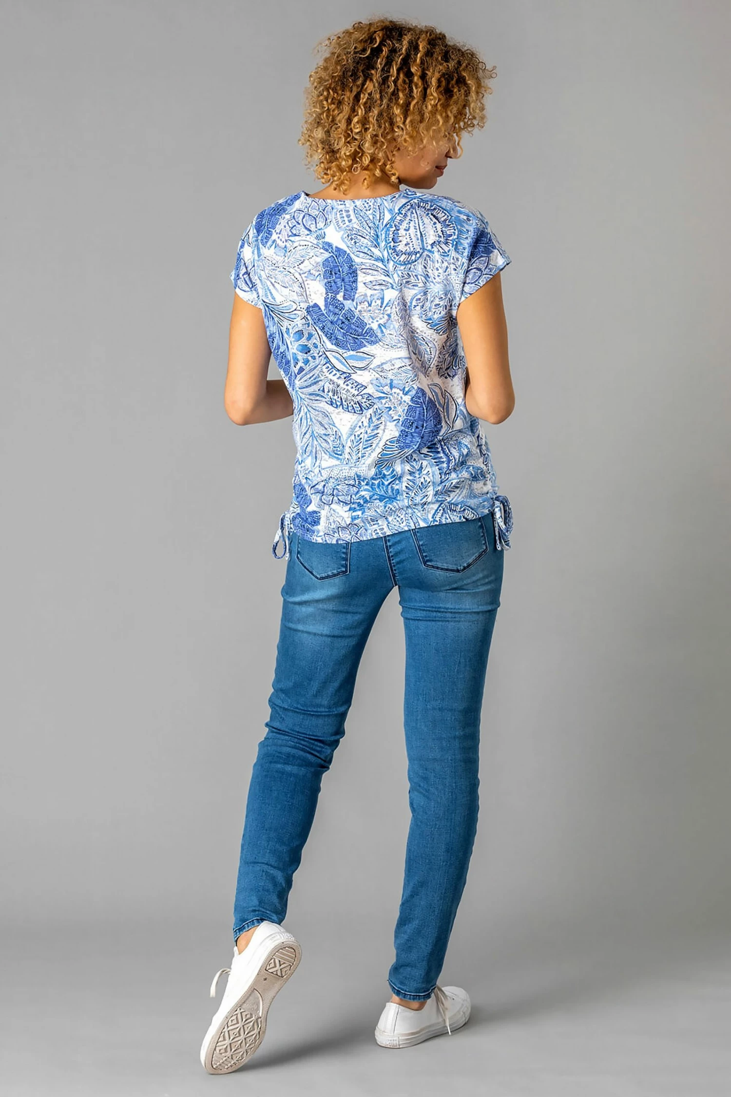 Roman Blue Burnout Tropical Print Ruched T-Shirt 4 Roman Blue Burnout Tropical Print Ruched T-Shirt - Image 2