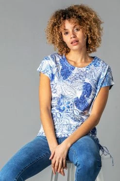 Roman Blue Burnout Tropical Print Ruched T-Shirt 9 Roman Blue Burnout Tropical Print Ruched T-Shirt -Roman Sales Shop unnamed file 9712