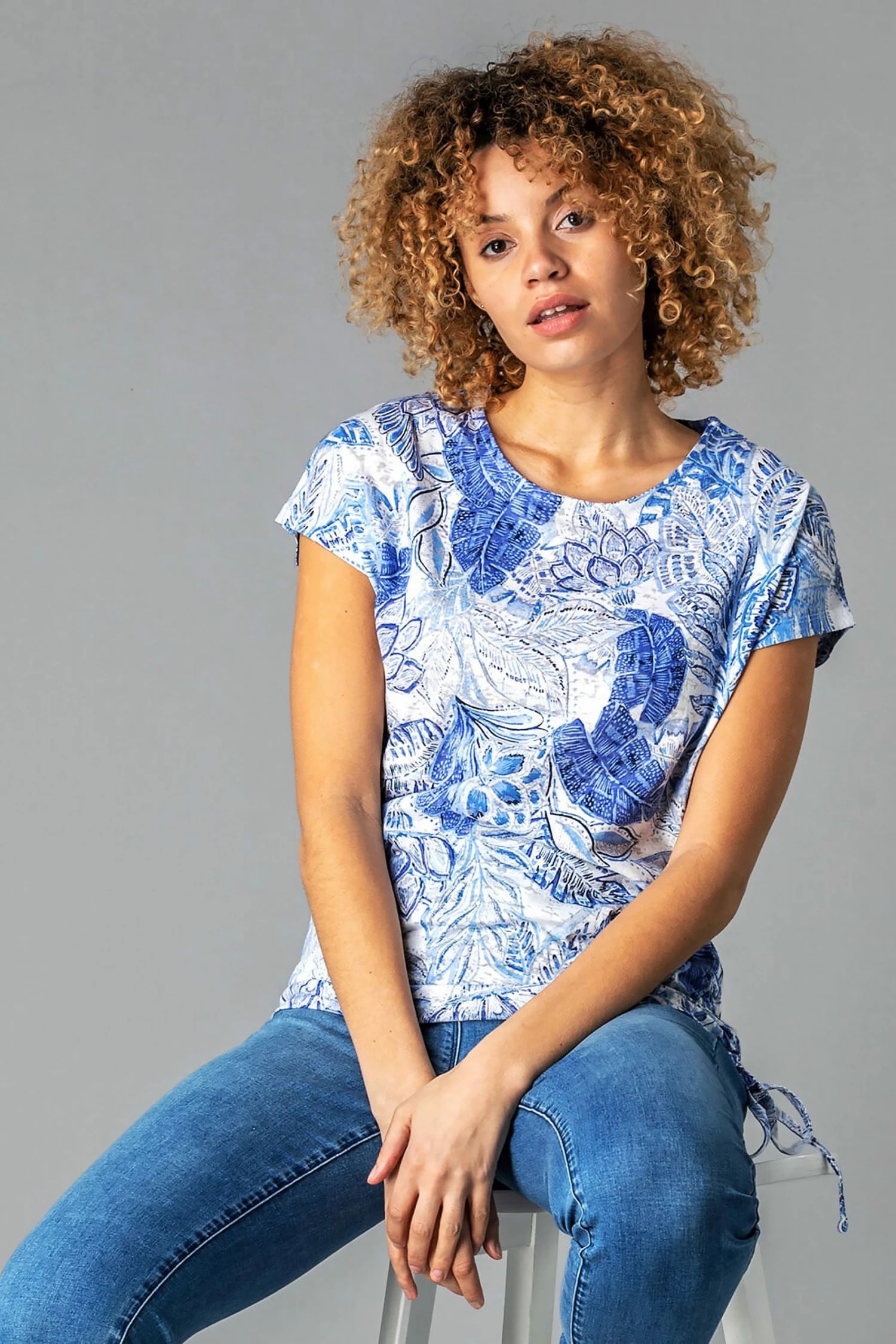 Roman Blue Burnout Tropical Print Ruched T-Shirt 5 Roman Blue Burnout Tropical Print Ruched T-Shirt - Image 3