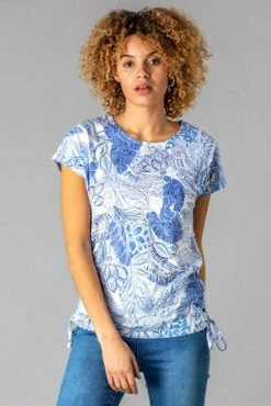 Roman Blue Burnout Tropical Print Ruched T-Shirt 11 Roman Blue Burnout Tropical Print Ruched T-Shirt -Roman Sales Shop unnamed file 9714