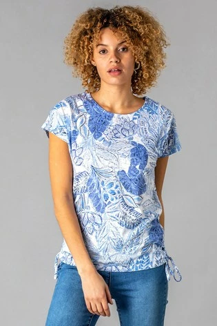 Roman Blue Burnout Tropical Print Ruched T-Shirt 7 Roman Blue Burnout Tropical Print Ruched T-Shirt - Image 5