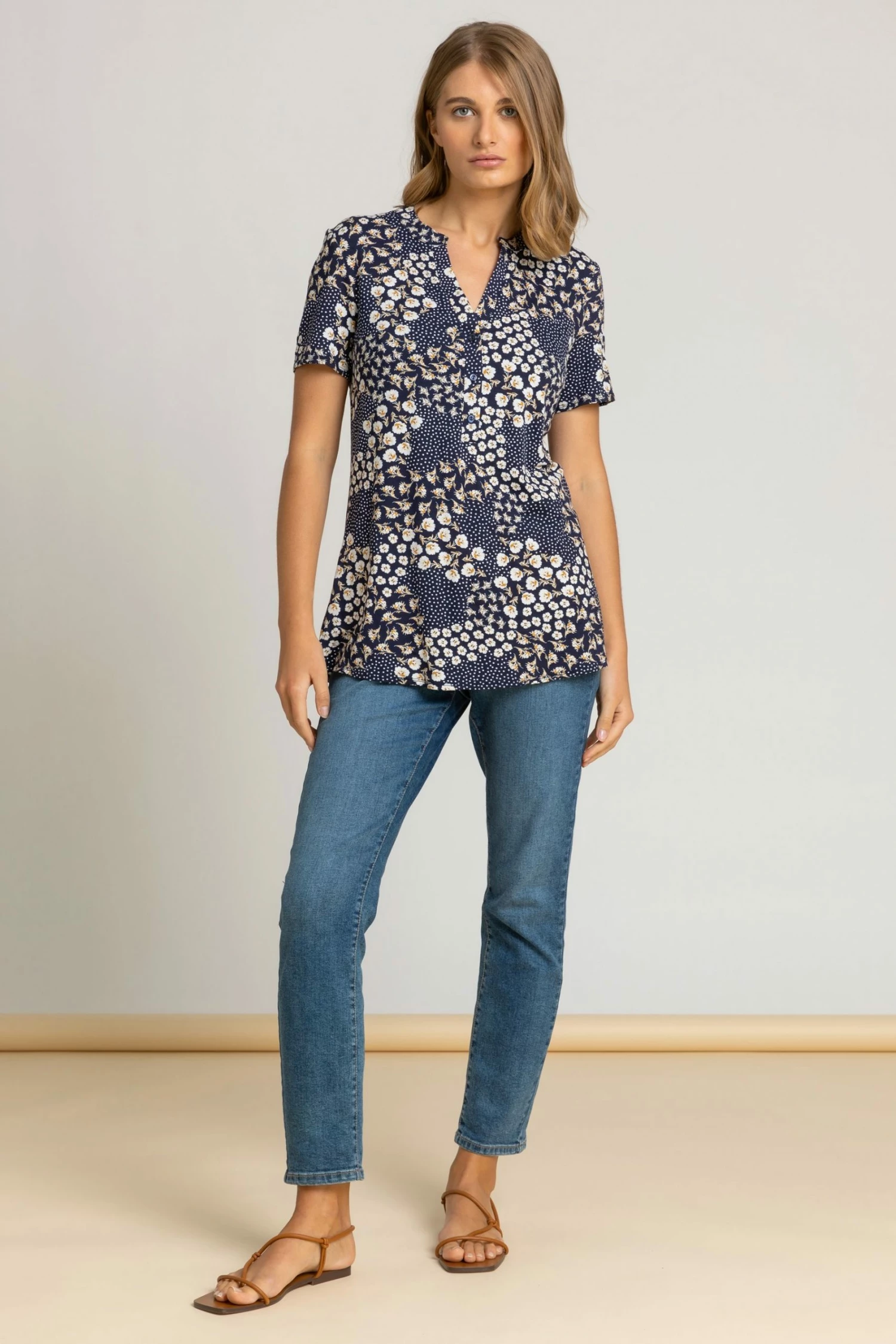 Roman Blue Floral Tile Print Notch Neck Top 4 Roman Blue Floral Tile Print Notch Neck Top - Image 2