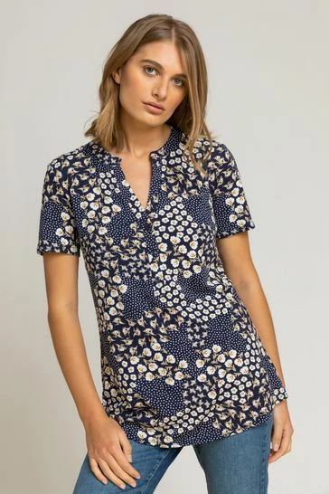 Roman Blue Floral Tile Print Notch Neck Top 7 Roman Blue Floral Tile Print Notch Neck Top - Image 5
